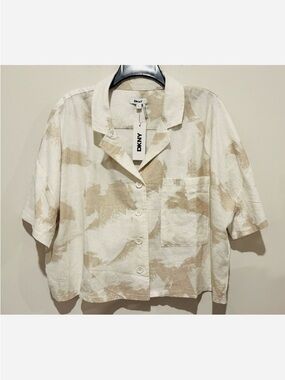 DKNY Beige and Off-White Short Sleeve Button-Up